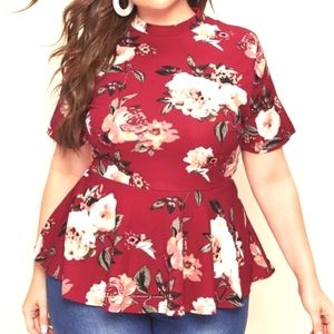 Shein Curve Mock Neck Floral Print Peplum Top